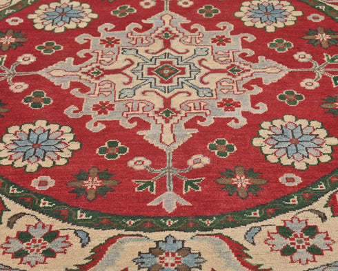 5x5 Red Kuba Afghan Hand Knotted Round Wool Area Rug